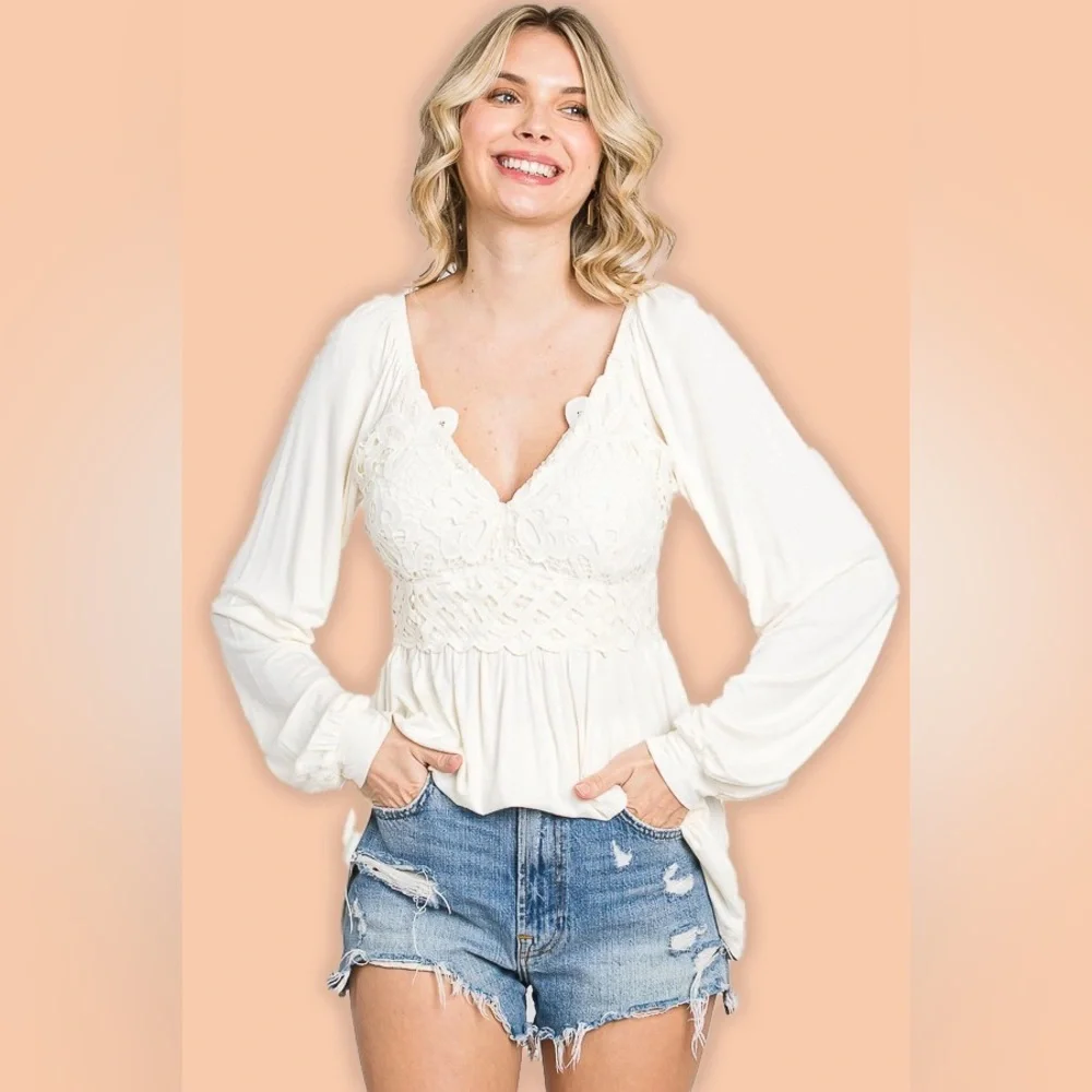 Ivory Knit Top with Crochet Lace and Built-In Bra Size Small